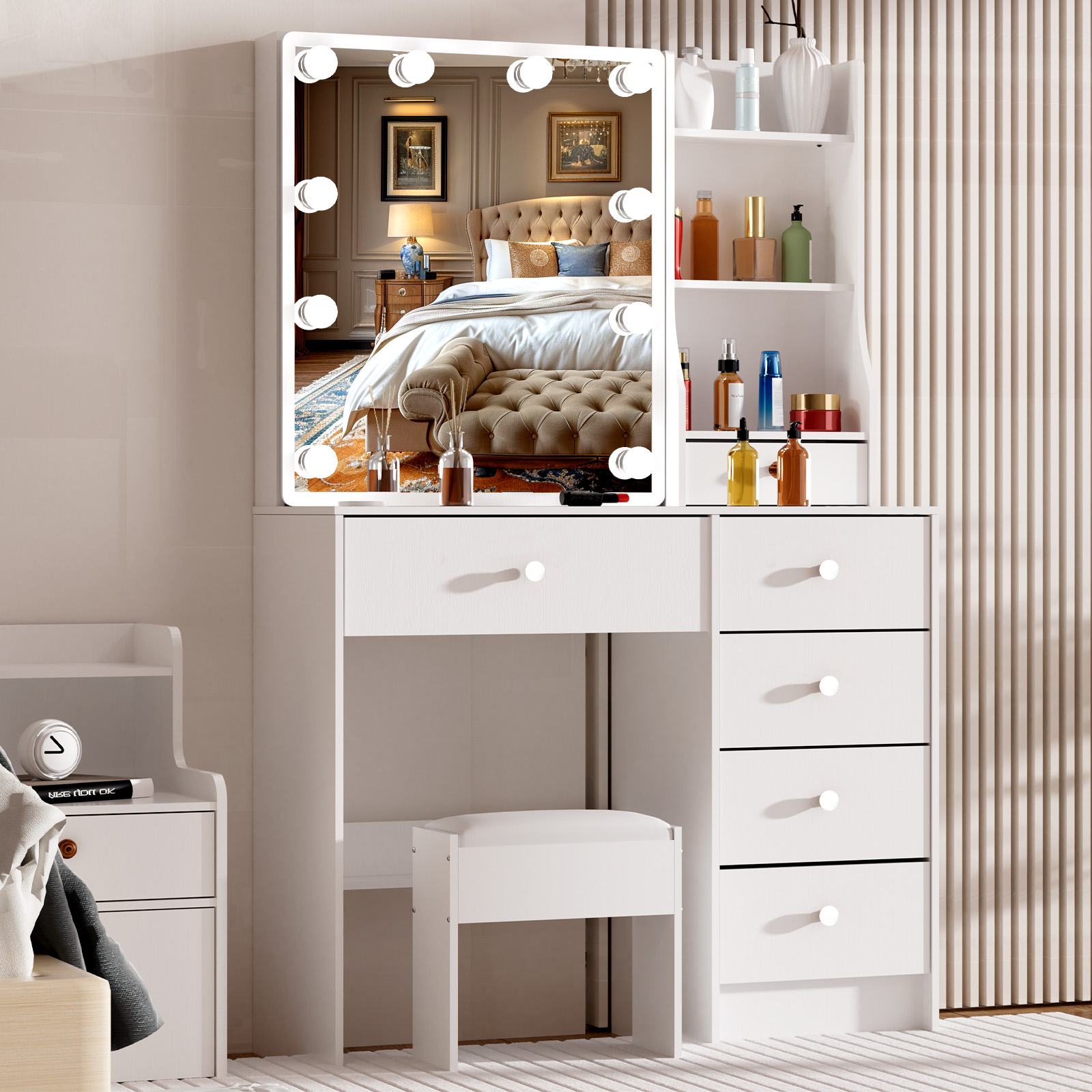 Office Furniture Credenza - Coiffeuse moderne blanche avec miroir LED,